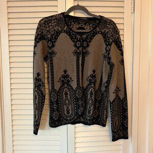 Schiffhauer cardigan sweater 42 tan black crewneck long sleeves snap closure